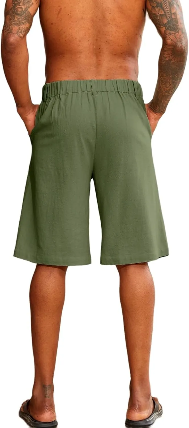 Mens Linen Trunks Stretch Elastic Waist Button Casual Classic Breathable Lightweight Slim Fit Shorts Beach Yoga Pants