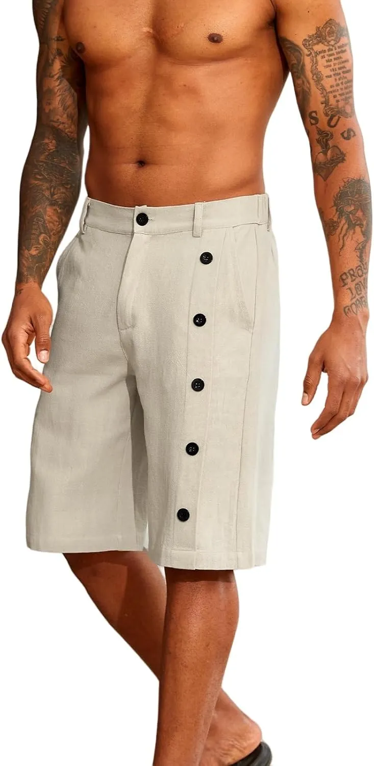 Mens Linen Trunks Stretch Elastic Waist Button Casual Classic Breathable Lightweight Slim Fit Shorts Beach Yoga Pants