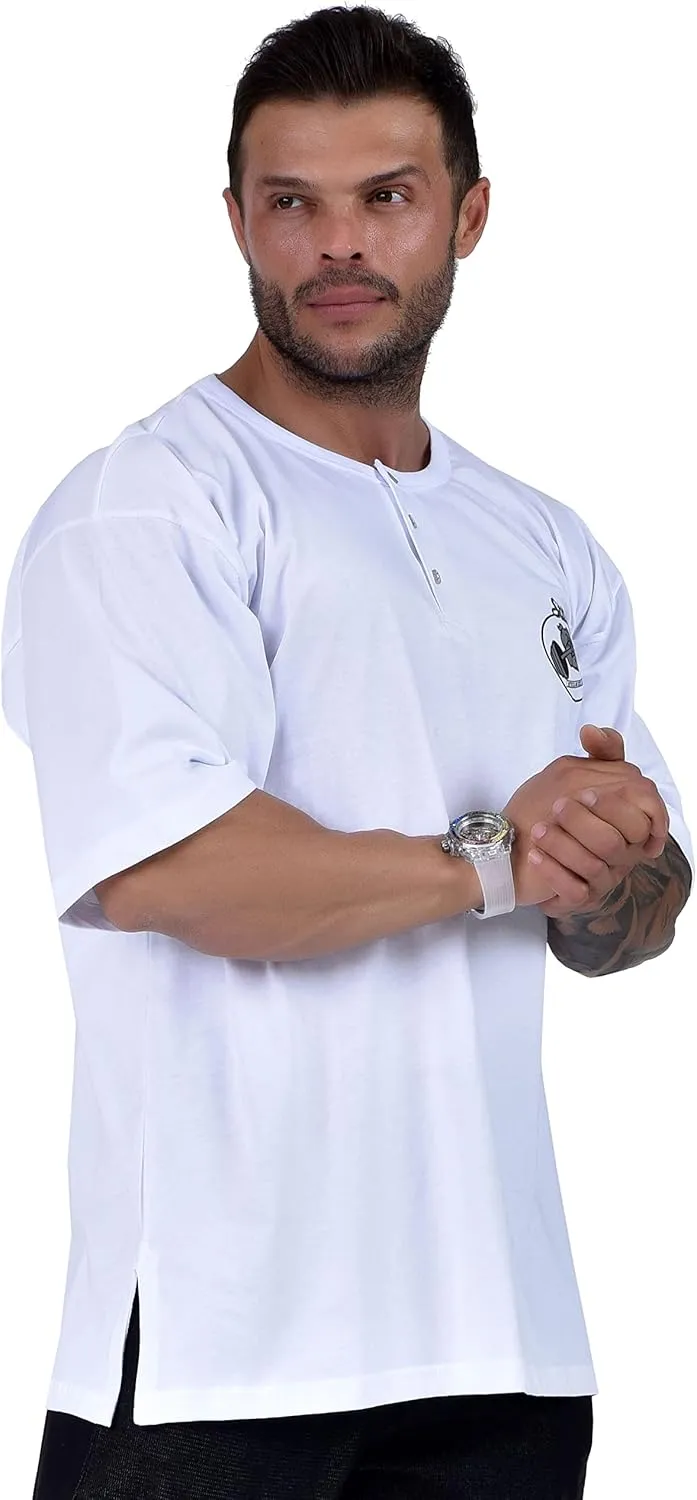 Men's Oversize T-Shirt, Cotton Buttoned Collar, Comfort Design Short Sleeve T-Shirt