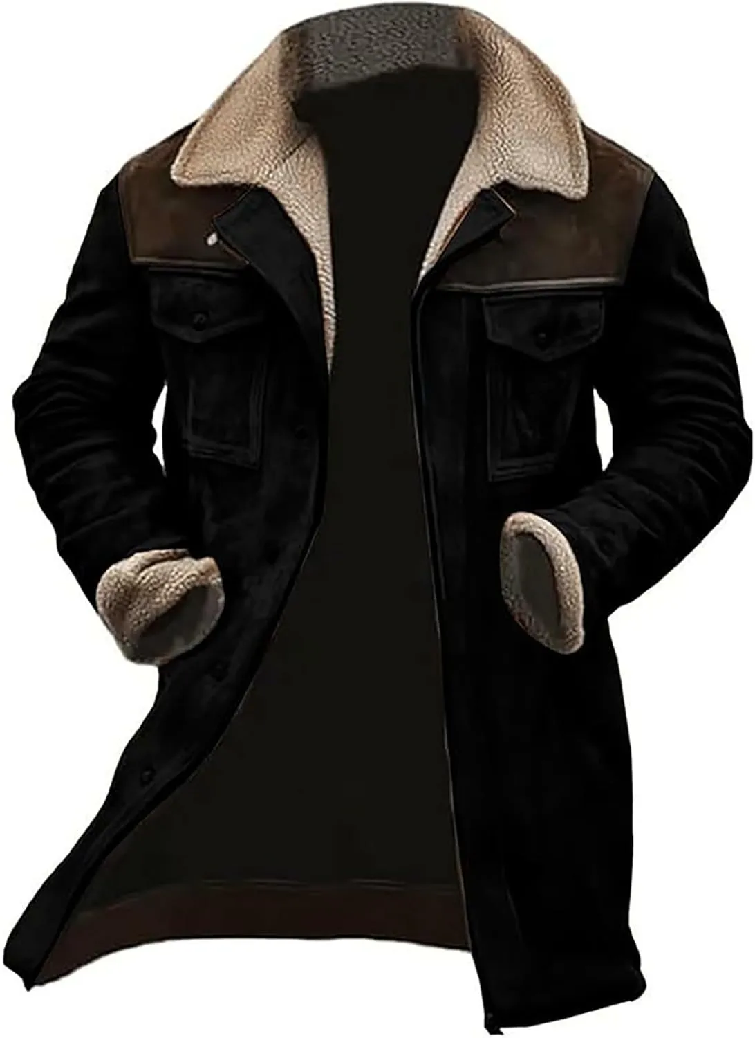 Men's Vintage Suede Jacket Plush Reversed Collar Coats Faux Leather Jacket Outdoor Zip Up Motorcycle Jacket Coats Retro Tops