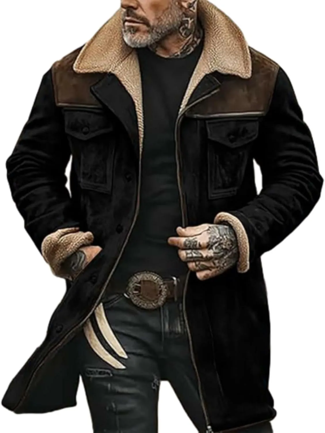 Men's Vintage Suede Jacket Plush Reversed Collar Coats Faux Leather Jacket Outdoor Zip Up Motorcycle Jacket Coats Retro Tops