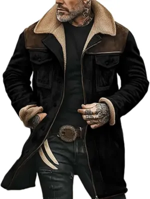 Men's Vintage Suede Jacket Plush Reversed Collar Coats Faux Leather Jacket Outdoor Zip Up Motorcycle Jacket Coats Retro Tops