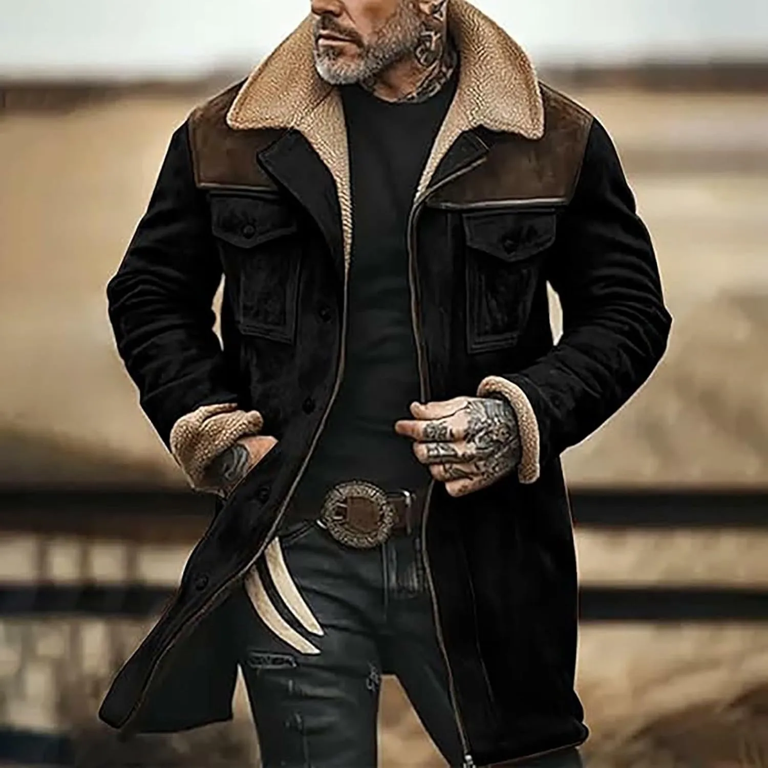 Men's Vintage Suede Jacket Plush Reversed Collar Coats Faux Leather Jacket Outdoor Zip Up Motorcycle Jacket Coats Retro Tops