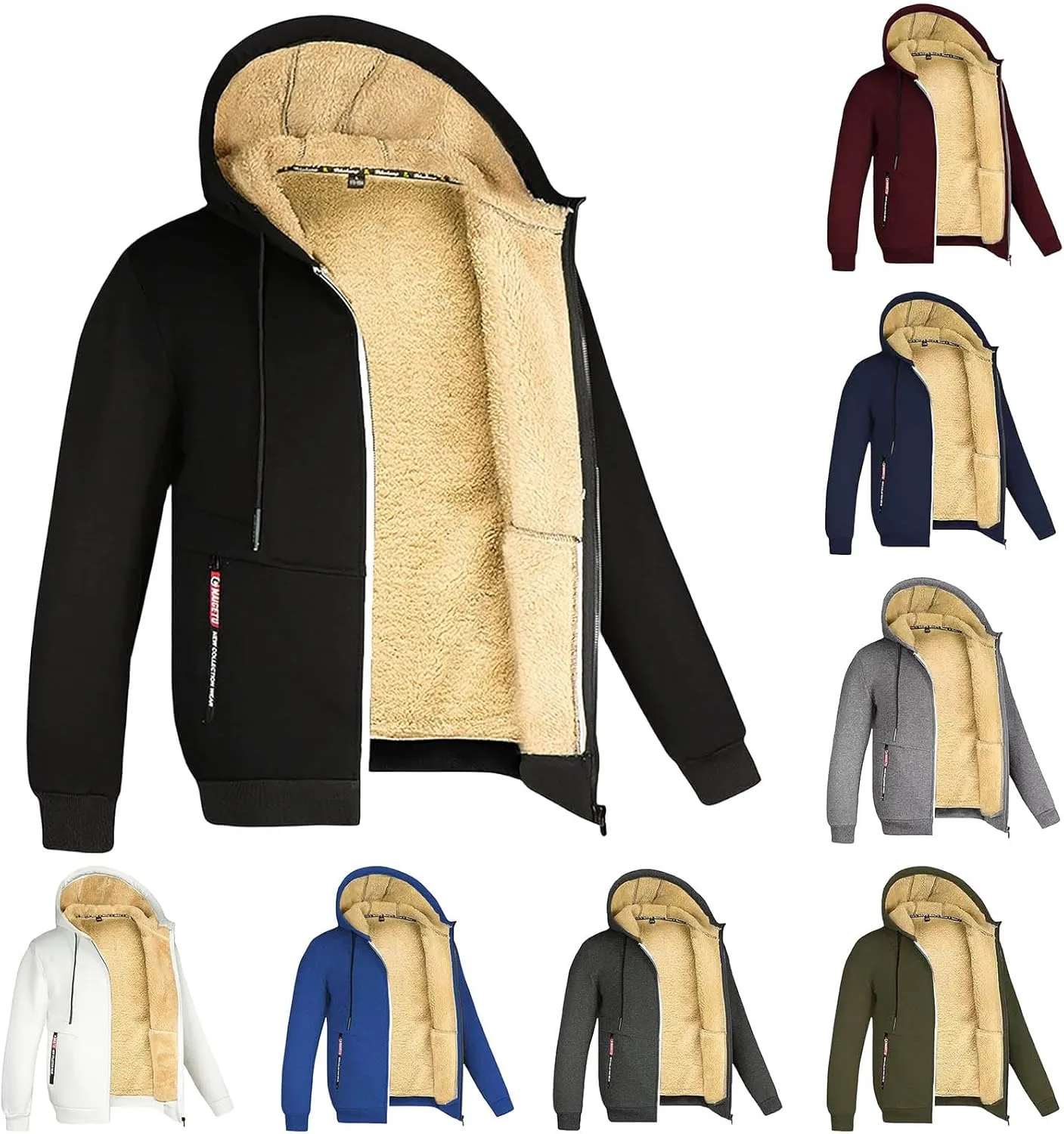 Men's Winter Sherpa Lined Hoodie Jacket Full Zip Heavyweight Fleece Warm Hooded Sweatshirt with Pockets for Outdoor