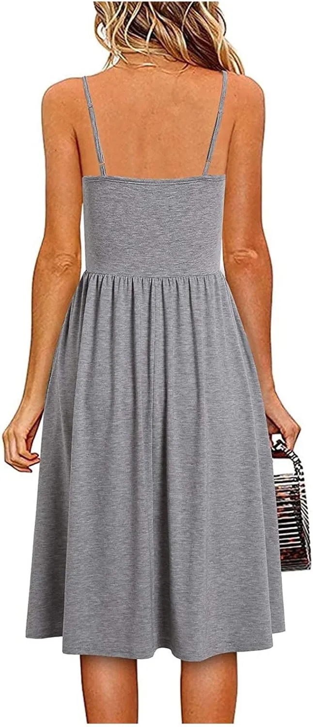 Midi Dresses for Women Sexy Stretch V Neck Empire Waist Summer Beach Cami Dress Casual Spaghetti Strap Ruffle Tank Sundress