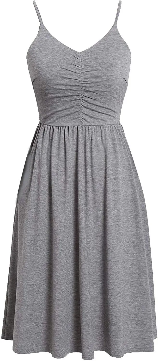 Midi Dresses for Women Sexy Stretch V Neck Empire Waist Summer Beach Cami Dress Casual Spaghetti Strap Ruffle Tank Sundress
