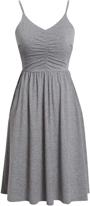Midi Dresses for Women Sexy Stretch V Neck Empire Waist Summer Beach Cami Dress Casual Spaghetti Strap Ruffle Tank Sundress