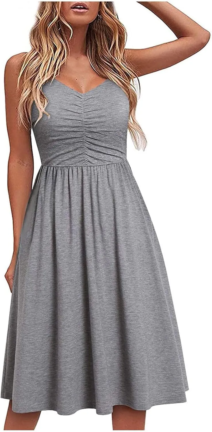 Midi Dresses for Women Sexy Stretch V Neck Empire Waist Summer Beach Cami Dress Casual Spaghetti Strap Ruffle Tank Sundress