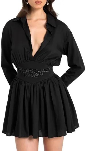 MOLERFO Womens Floral Embroidered Corset Mini Dress Button Up Deep V Neck Ruffle Dress Flowy A-Line Peplum Dresses (Black,Small)