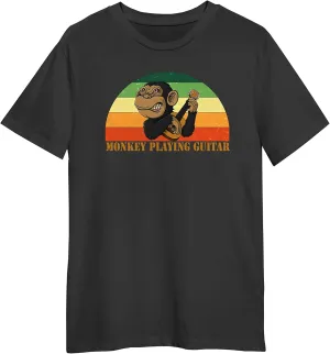 Monkey Playing Guitar Retro Sunset T-Shirt, Funny Monkey T-Shirt Black