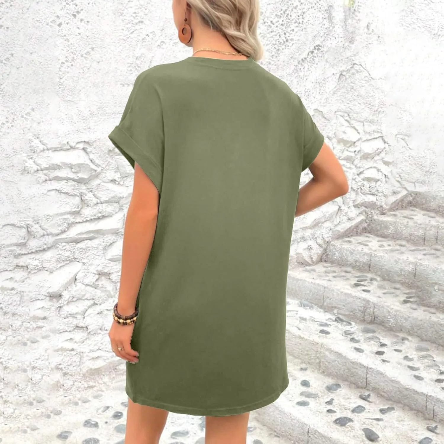 Moomoo Dresses for Women Solid Color Round Neck Batwing Sleeve T-Shirt Dress with Hidden Pockets