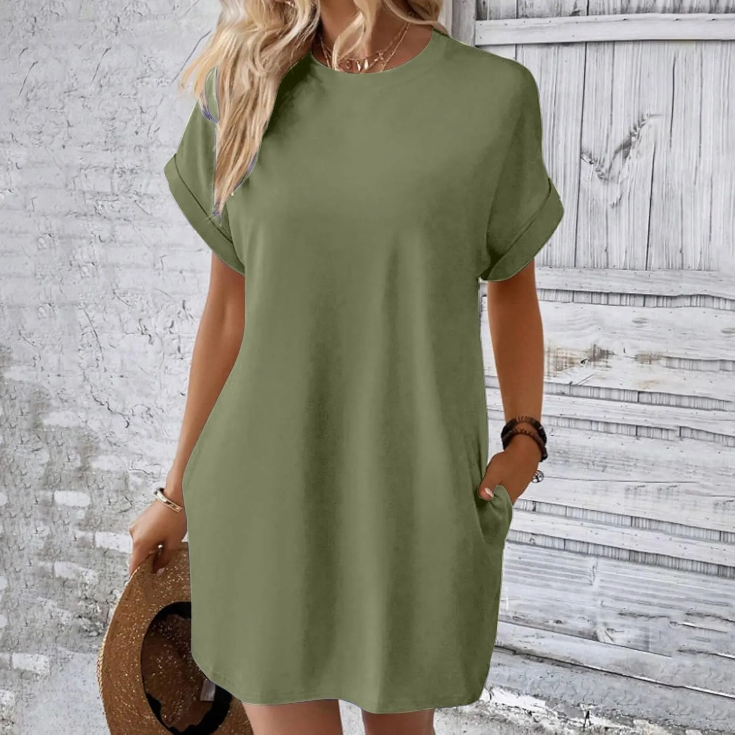 Moomoo Dresses for Women Solid Color Round Neck Batwing Sleeve T-Shirt Dress with Hidden Pockets