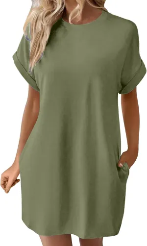 Moomoo Dresses for Women Solid Color Round Neck Batwing Sleeve T-Shirt Dress with Hidden Pockets