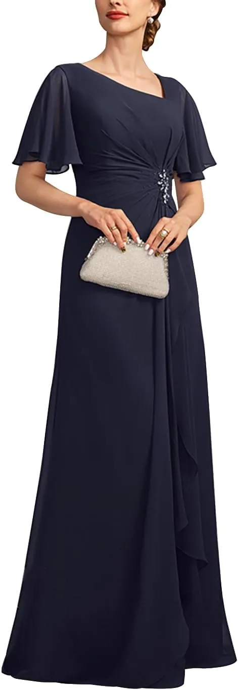 Mother of The Bride Dresses for Women Long Beaded Asymmetrical Formal Evening Gowns with Pockets ZXF010