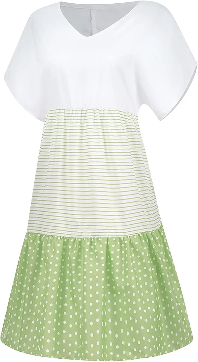NaRHbrg Women's Casual V Neck Loose Fit Patchwork Dress Short Sleeve Boho Striped Polka Dot Summer Swing Dresses Sundress