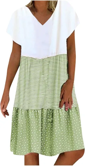 NaRHbrg Women's Casual V Neck Loose Fit Patchwork Dress Short Sleeve Boho Striped Polka Dot Summer Swing Dresses Sundress