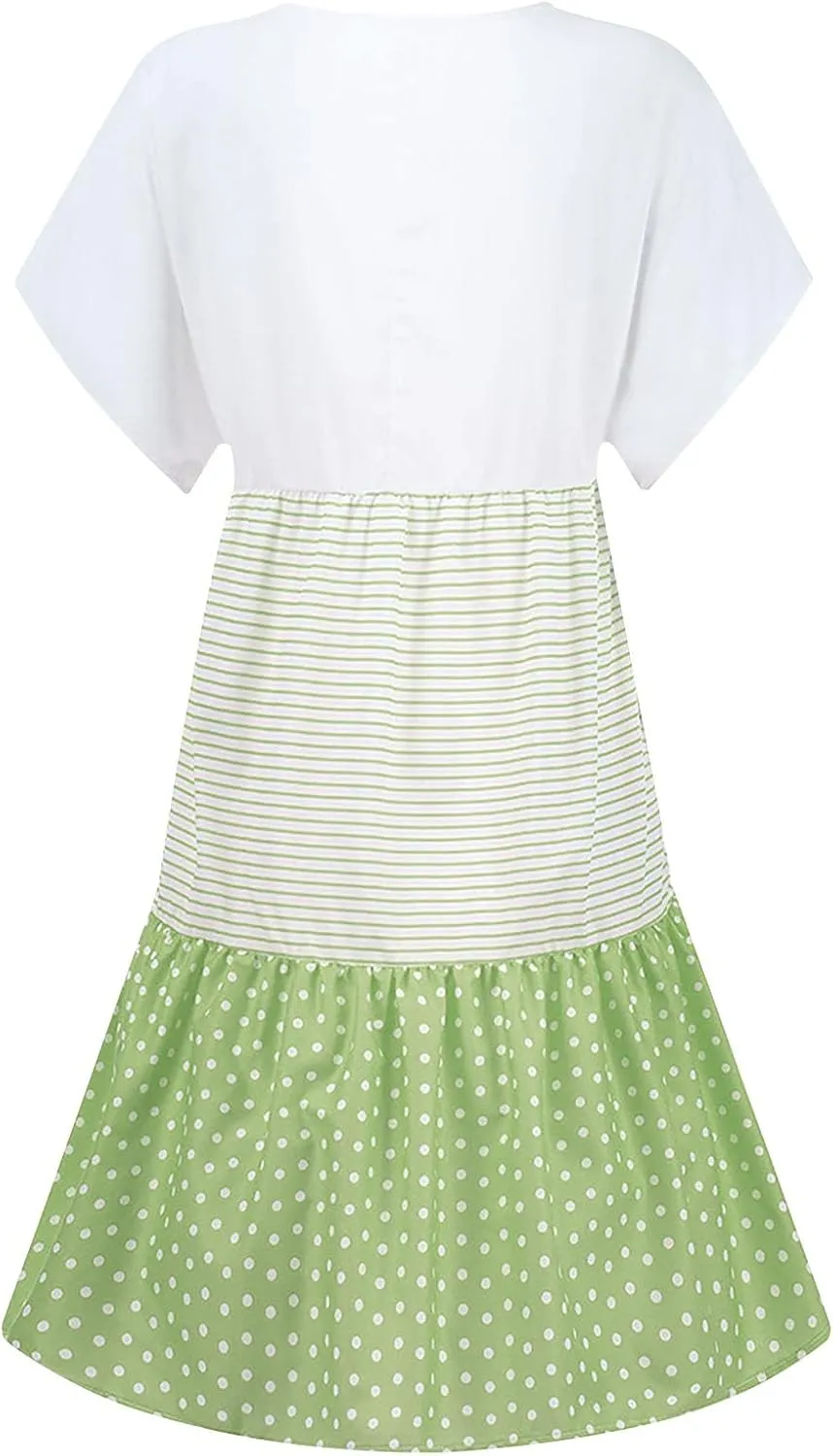 NaRHbrg Women's Casual V Neck Loose Fit Patchwork Dress Short Sleeve Boho Striped Polka Dot Summer Swing Dresses Sundress