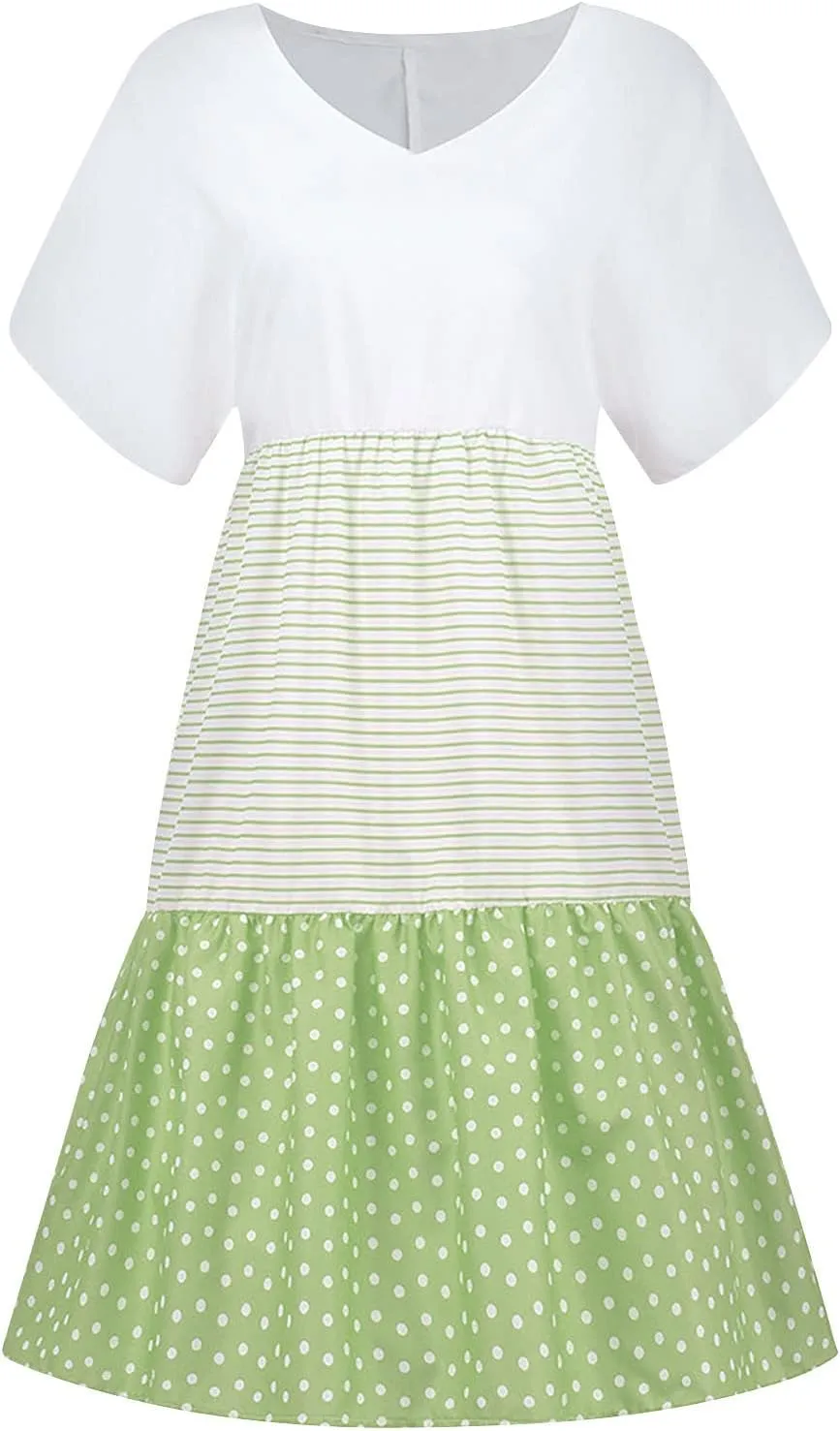 NaRHbrg Women's Casual V Neck Loose Fit Patchwork Dress Short Sleeve Boho Striped Polka Dot Summer Swing Dresses Sundress