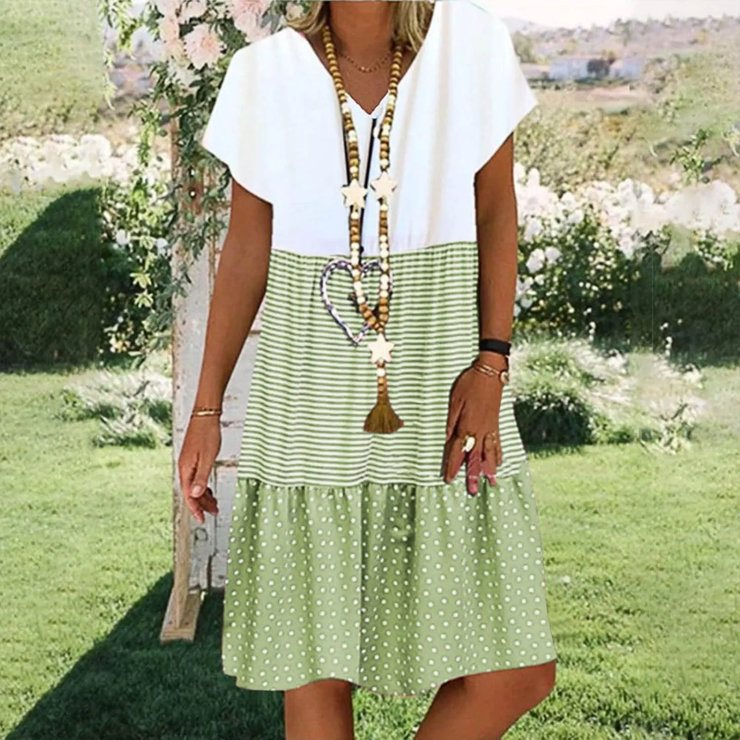 NaRHbrg Women's Casual V Neck Loose Fit Patchwork Dress Short Sleeve Boho Striped Polka Dot Summer Swing Dresses Sundress