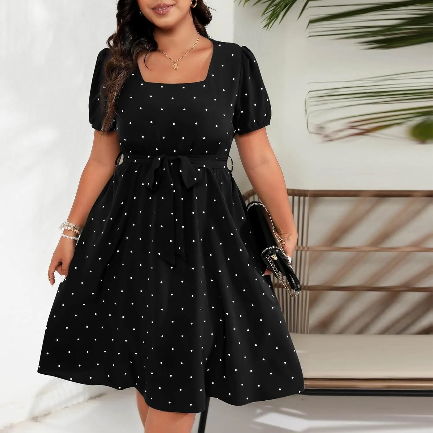 NaRHbrg Women's Plus Size Polka Dot Dress Short Puff Sleeve Square Neck A-Line Flowy Casual Dresses with Belt