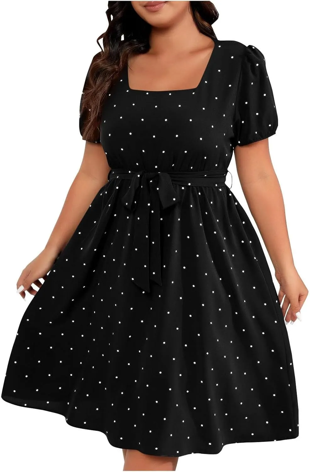 NaRHbrg Women's Plus Size Polka Dot Dress Short Puff Sleeve Square Neck A-Line Flowy Casual Dresses with Belt