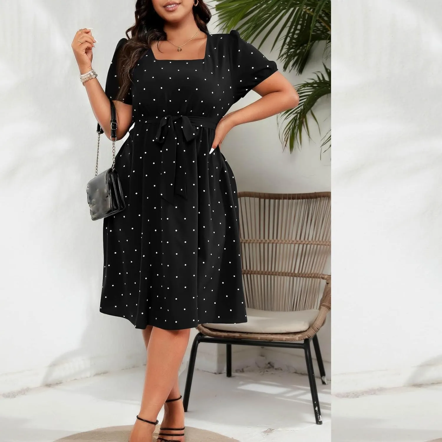 NaRHbrg Women's Plus Size Polka Dot Dress Short Puff Sleeve Square Neck A-Line Flowy Casual Dresses with Belt