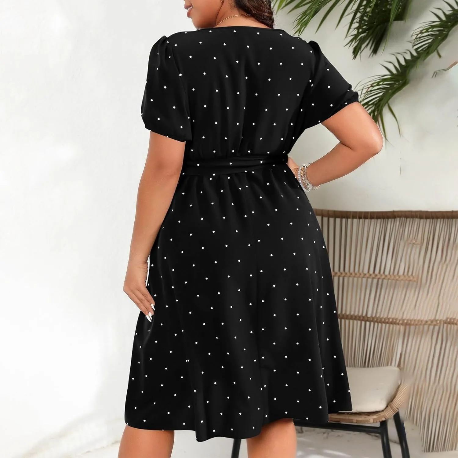 NaRHbrg Women's Plus Size Polka Dot Dress Short Puff Sleeve Square Neck A-Line Flowy Casual Dresses with Belt