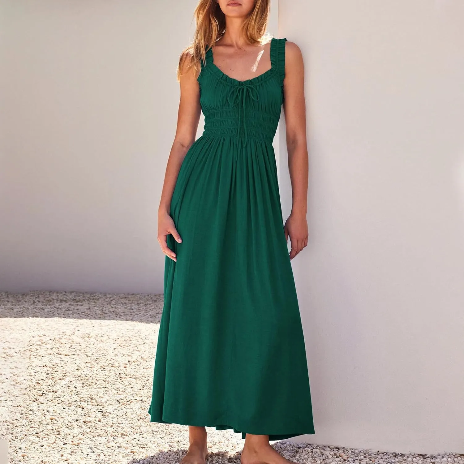 NaRHbrg Women's Smocked Ruffle Strap Maxi Dress Sleeveless Flowy Long Sundress Summer Beach Casual Dresses