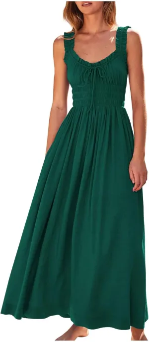 NaRHbrg Women's Smocked Ruffle Strap Maxi Dress Sleeveless Flowy Long Sundress Summer Beach Casual Dresses