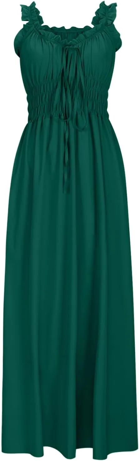 NaRHbrg Women's Smocked Ruffle Strap Maxi Dress Sleeveless Flowy Long Sundress Summer Beach Casual Dresses