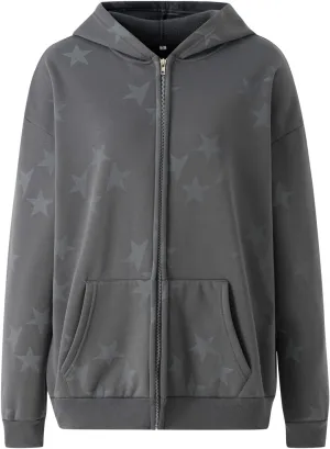 NUFIWI Women Graphic Printed Oversized Y2K Sweatshirt Zip Up Long Sleeve Hoodies Aesthetic Jacket Streetwear with Pockets