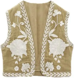 NUFIWI Women Vintage Embroidered Floral Vest Top Y2k Sleeveless Open Front Crop Vest Boho Floral Waistcoat Jacket