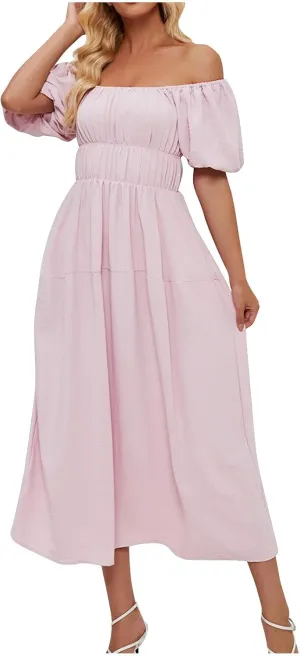 Off-Shoulder Dresses for Women Summer Puff Sleeve Empire Waist Casual A-Line Beach Sundress Flowy Hem Midi Dress