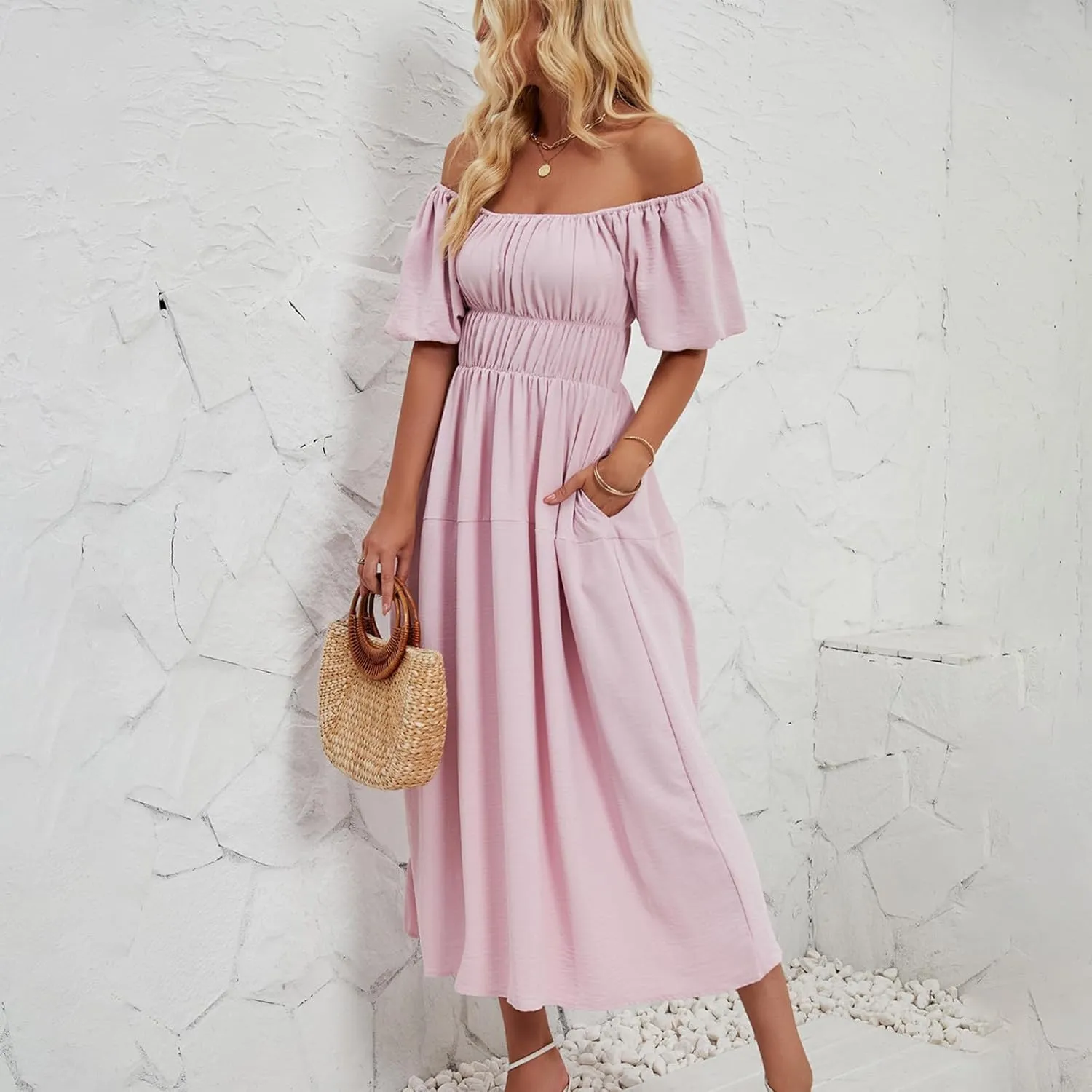Off-Shoulder Dresses for Women Summer Puff Sleeve Empire Waist Casual A-Line Beach Sundress Flowy Hem Midi Dress