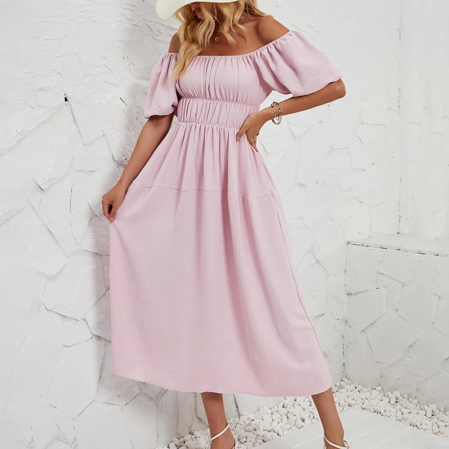 Off-Shoulder Dresses for Women Summer Puff Sleeve Empire Waist Casual A-Line Beach Sundress Flowy Hem Midi Dress