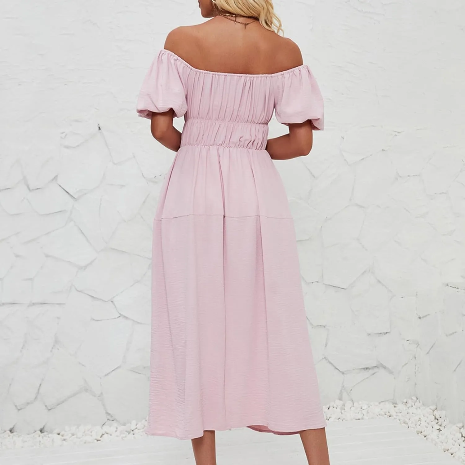 Off-Shoulder Dresses for Women Summer Puff Sleeve Empire Waist Casual A-Line Beach Sundress Flowy Hem Midi Dress