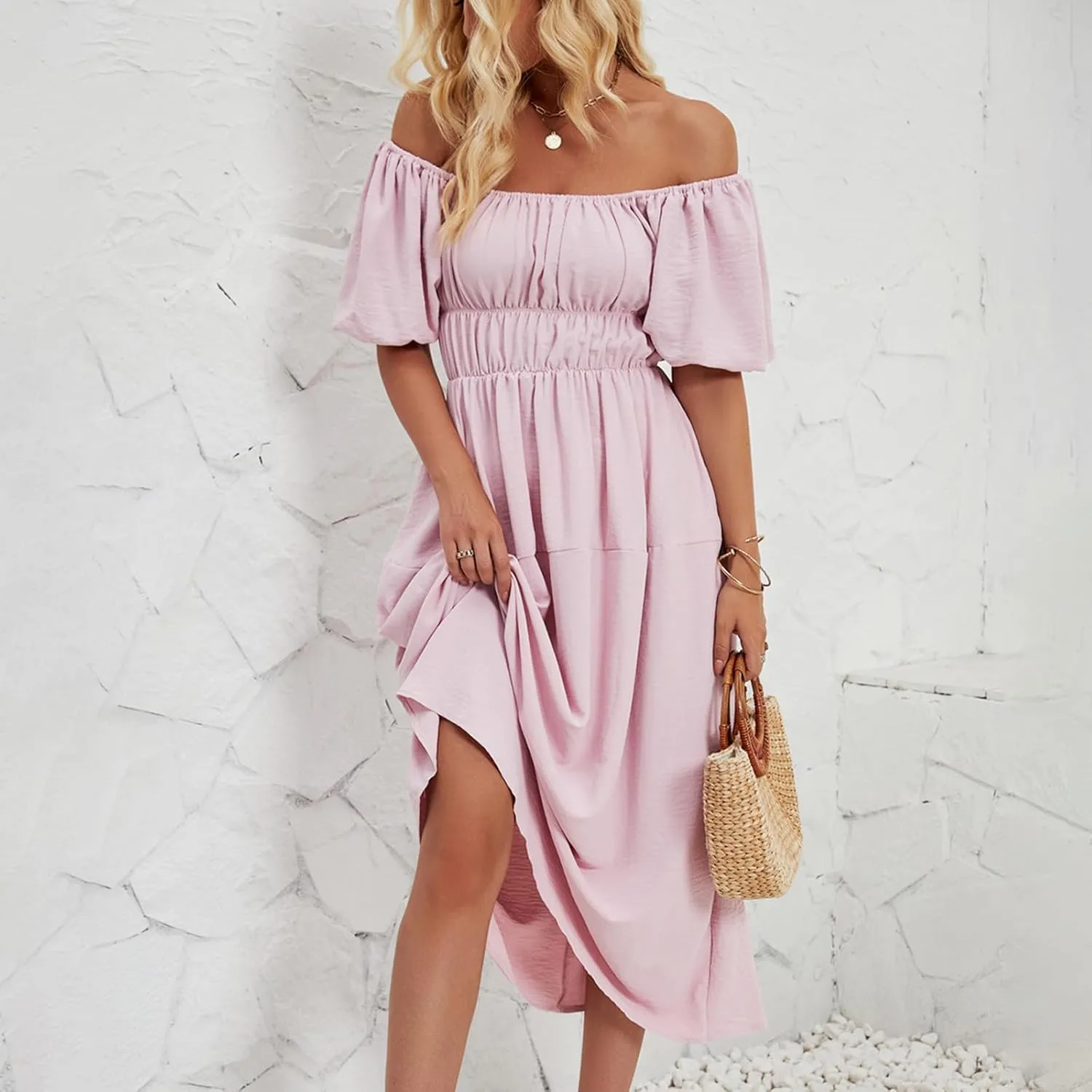 Off-Shoulder Dresses for Women Summer Puff Sleeve Empire Waist Casual A-Line Beach Sundress Flowy Hem Midi Dress