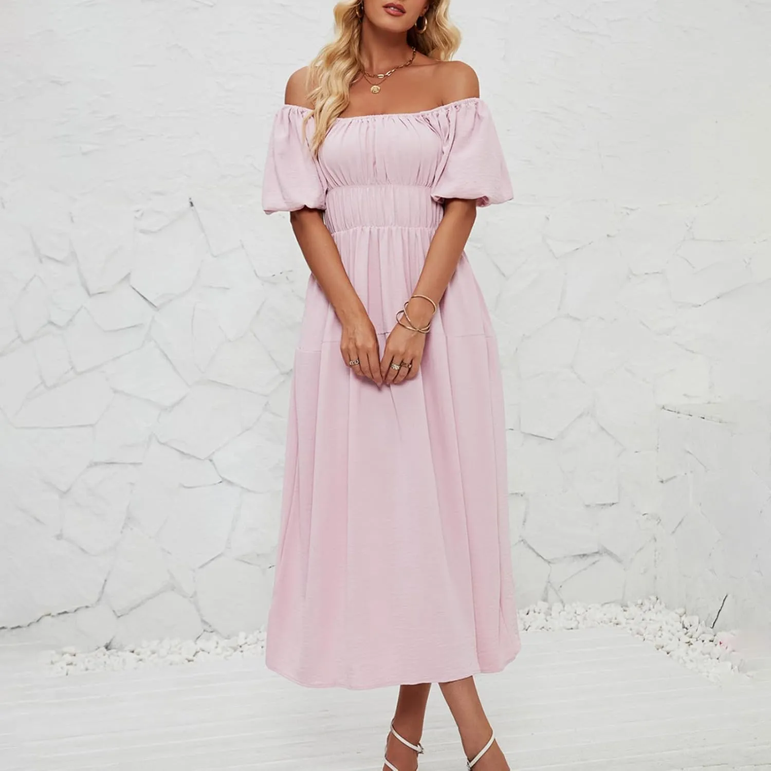 Off-Shoulder Dresses for Women Summer Puff Sleeve Empire Waist Casual A-Line Beach Sundress Flowy Hem Midi Dress