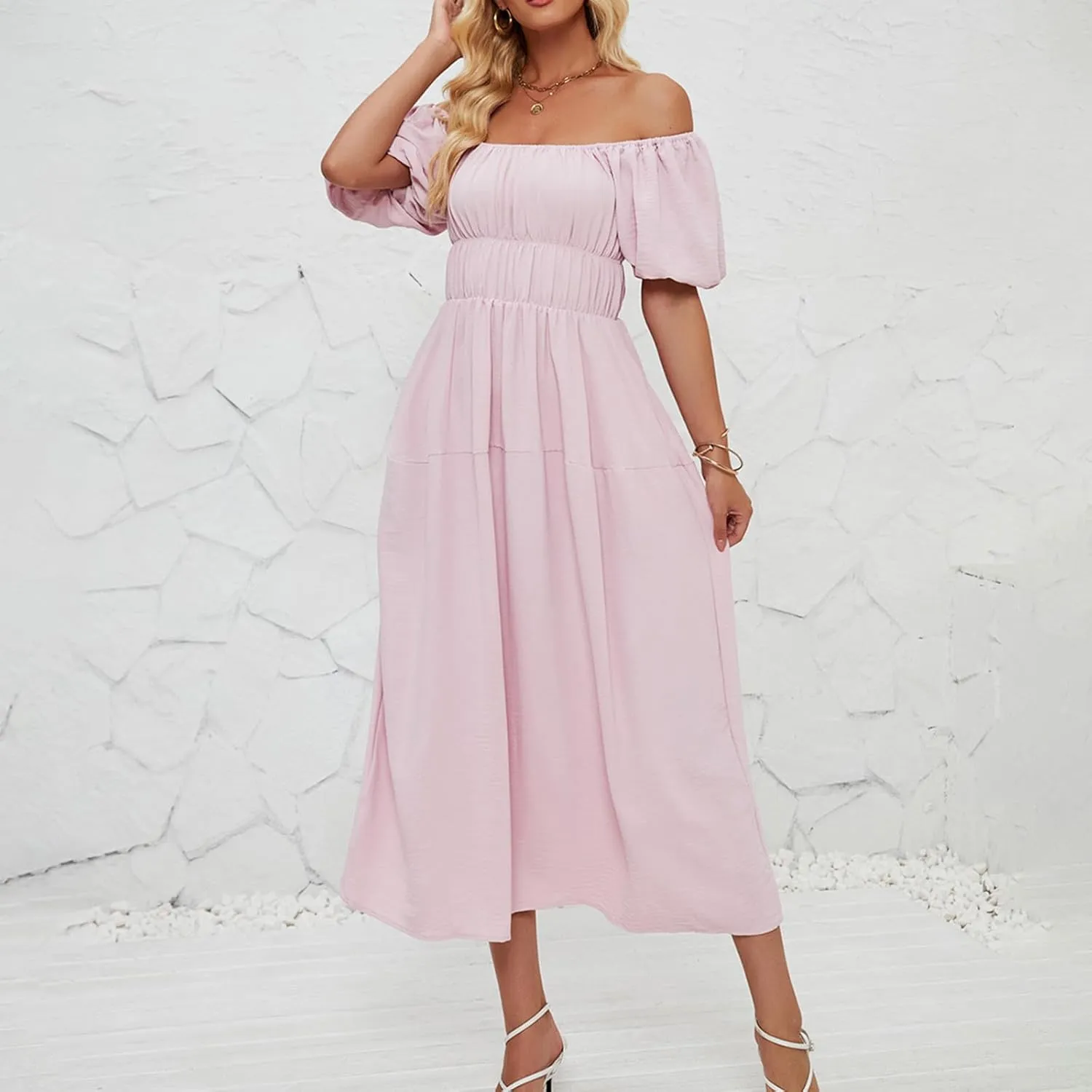 Off-Shoulder Dresses for Women Summer Puff Sleeve Empire Waist Casual A-Line Beach Sundress Flowy Hem Midi Dress