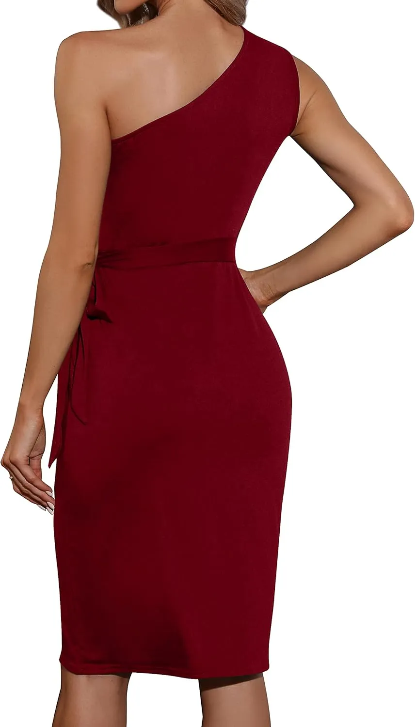 One Shoulder Party Dress for Women Faux Wrap Ruched Sheath Cocktail Wedding Guest Dresses