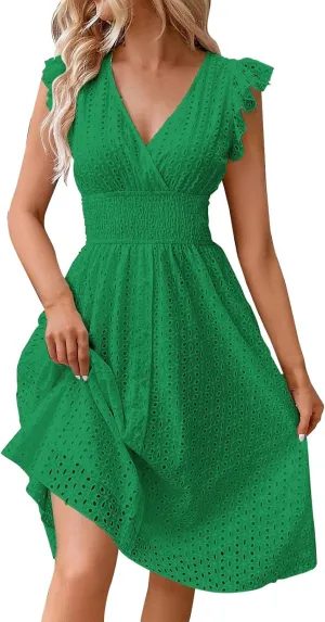 Petite Dresses for Women 5 ft Plus Size Floral Lace Embroidery V-Neck A-Line Midi Dress Breathable Hollow Out Design