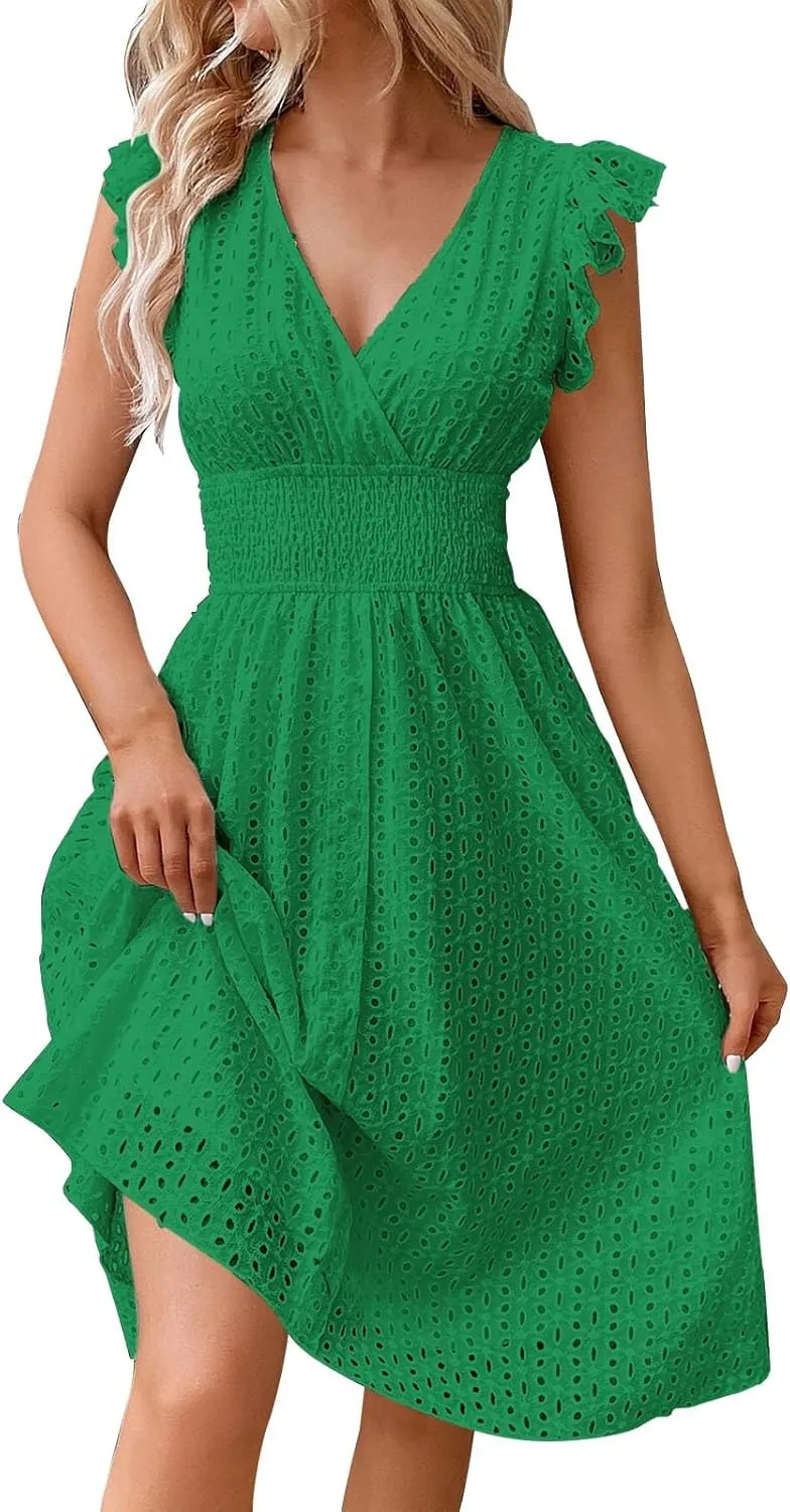 Petite Dresses for Women 5 ft Plus Size Floral Lace Embroidery V-Neck A-Line Midi Dress Breathable Hollow Out Design