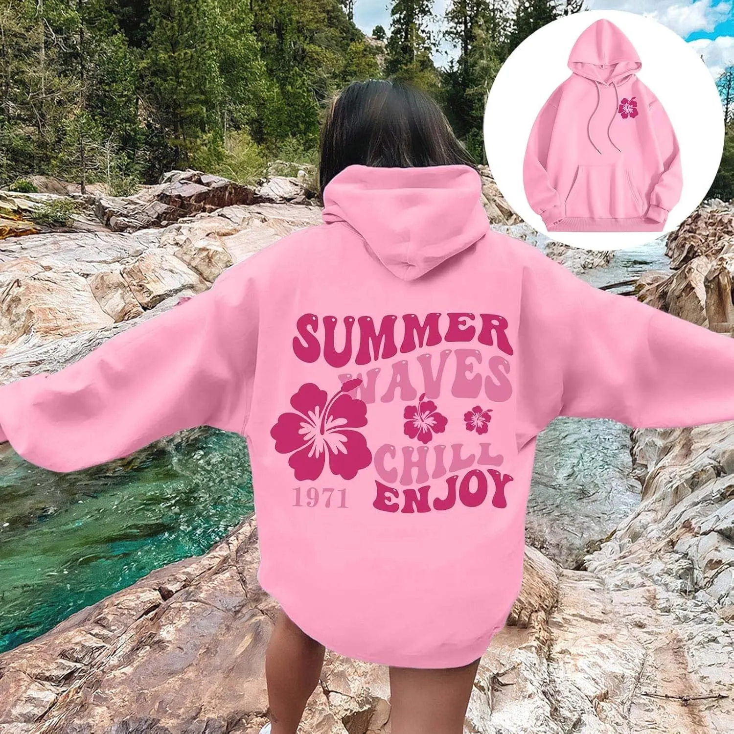 Pink Palm Hoodie For Teen Girls Casual Long Sleeve Y2K Hooded Pullover Tops Oversized Letter Graphic Hoodies With Pocket