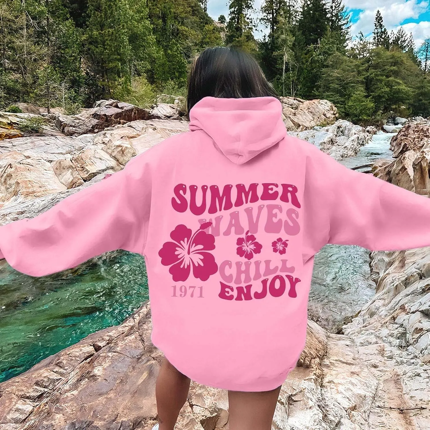 Pink Palm Hoodie For Teen Girls Casual Long Sleeve Y2K Hooded Pullover Tops Oversized Letter Graphic Hoodies With Pocket