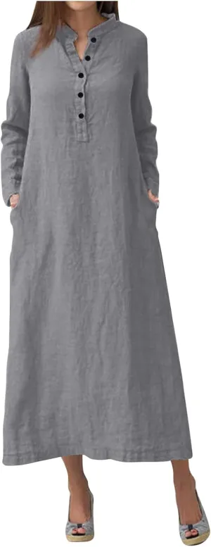 Plain Maxi Long Dress Women's Kaftan Cotton Long Sleeve Casaul Oversized Dress