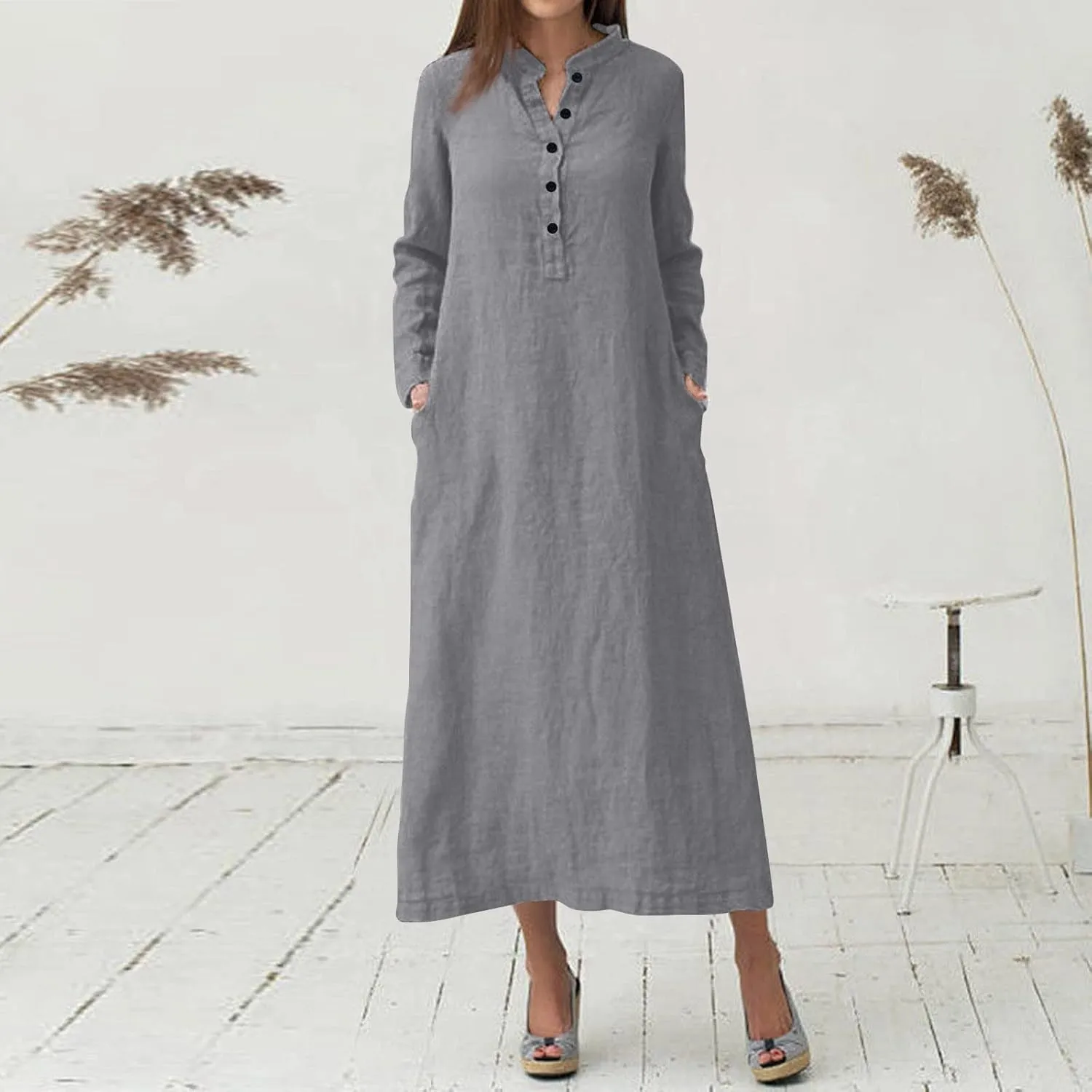 Plain Maxi Long Dress Women's Kaftan Cotton Long Sleeve Casaul Oversized Dress