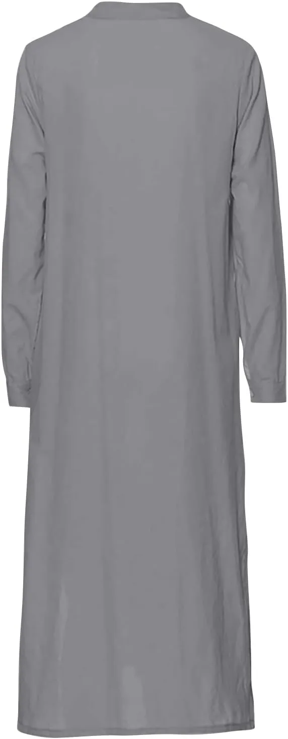 Plain Maxi Long Dress Women's Kaftan Cotton Long Sleeve Casaul Oversized Dress