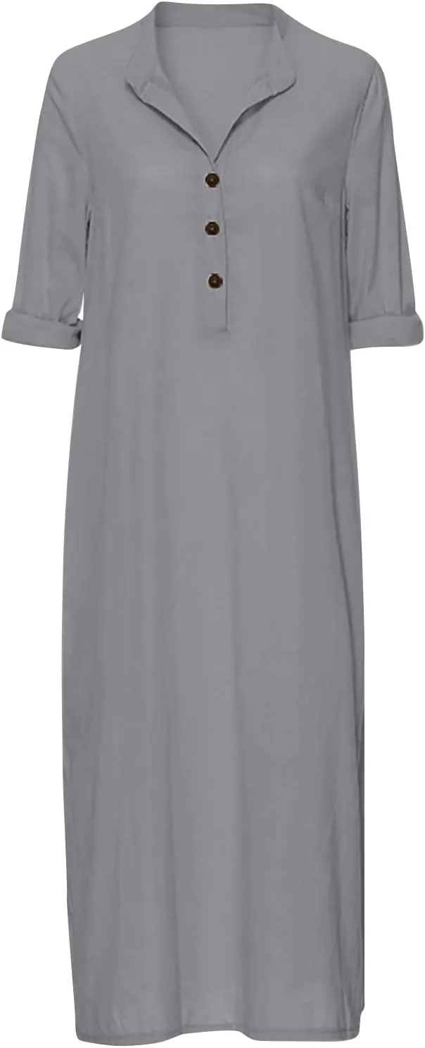 Plain Maxi Long Dress Women's Kaftan Cotton Long Sleeve Casaul Oversized Dress