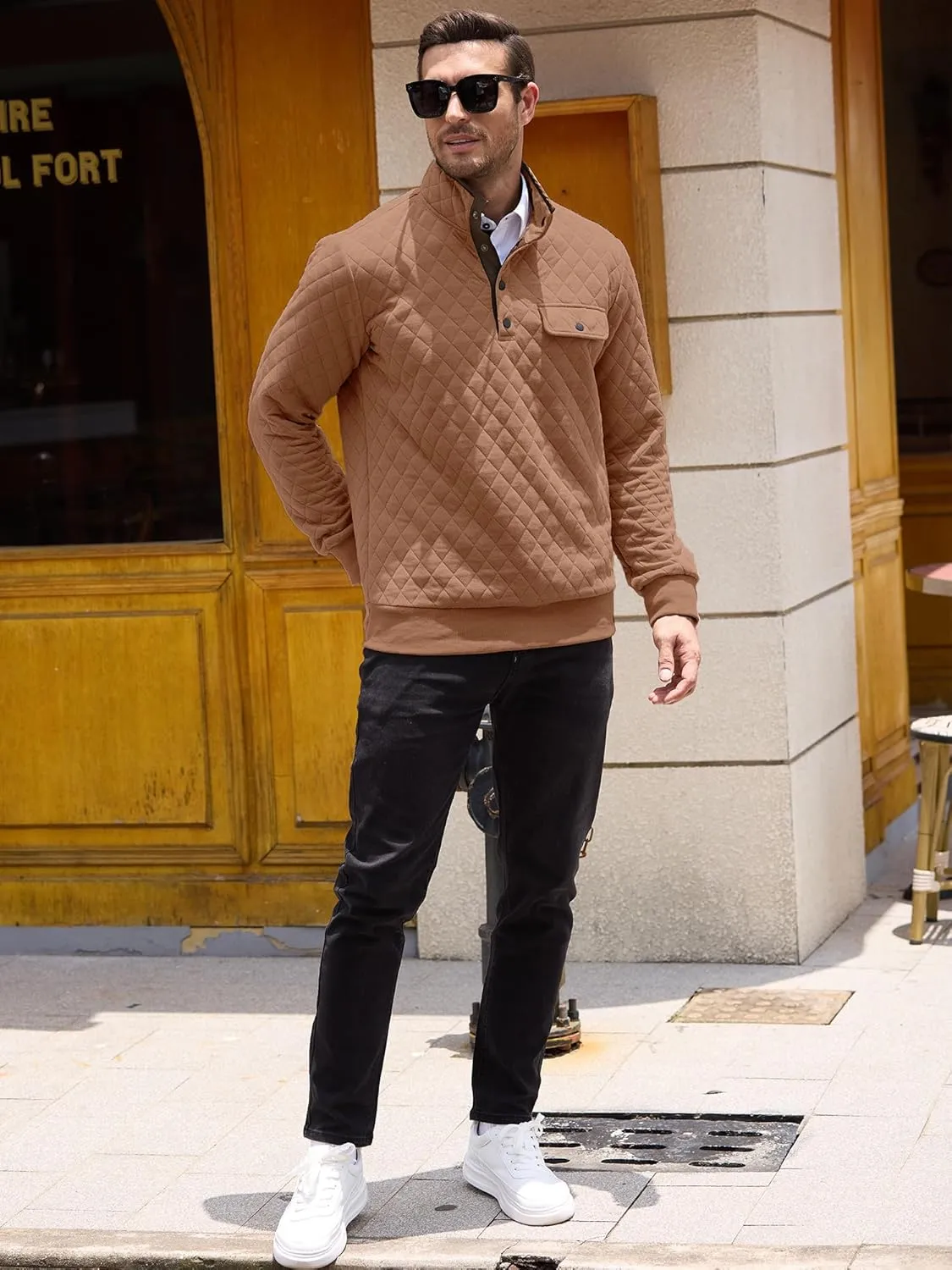 PLEPAN Mens Quilted Sweatshirt Long Sleeve Casual Stand Collar 1/4 Button Pullover Sweatshirts for Men