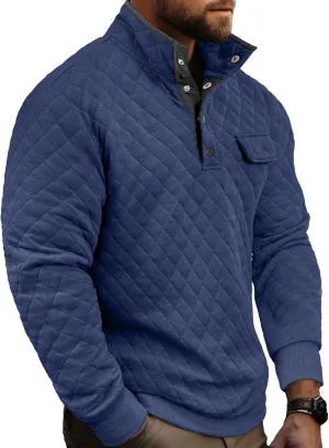 PLEPAN Mens Quilted Sweatshirt Long Sleeve Casual Stand Collar 1/4 Button Pullover Sweatshirts for Men